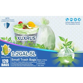XUXRUS Biodegradable Garbage Bags - 120 Count 1.2 Gallon 5 Liter Trash Bags for Bathroom Kitchen Compostable Trash Liners Bedroom Pet Office Use - Green