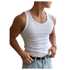 RoseSeek Men's Summer Tank Top Scoop Neck Knit Gym Workout Muscle Tank Undershirt Sleeveless Shirts White L