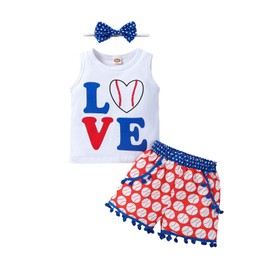 vivifayee Baby Infant Toddler Girl Baseball Outfit 4th of July Sleeveless T-Shirt Tops Tassel Shorts Set with Headband 3Pcs Summer Clothes Kids