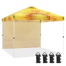 EAGLE PEAK Commercial Pop up Canopy with 1 Sidewall, Heavy Duty Canopy Tent 10x10, Roller Bag and 4 Weight Bags, Sunflower