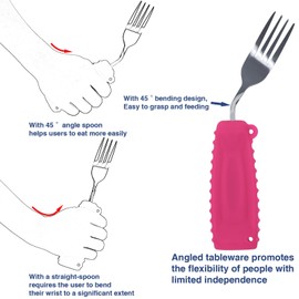 Ehucon Adaptive Utensils Angled Spoon and Fork for Hand Tremors Parkinsons,Weighted Utensils with Non-Slip Easy Grip Handles for Independent Eating (1pcs Spoon+1pcs Fork=2 pcs,Pink,Left Hand)