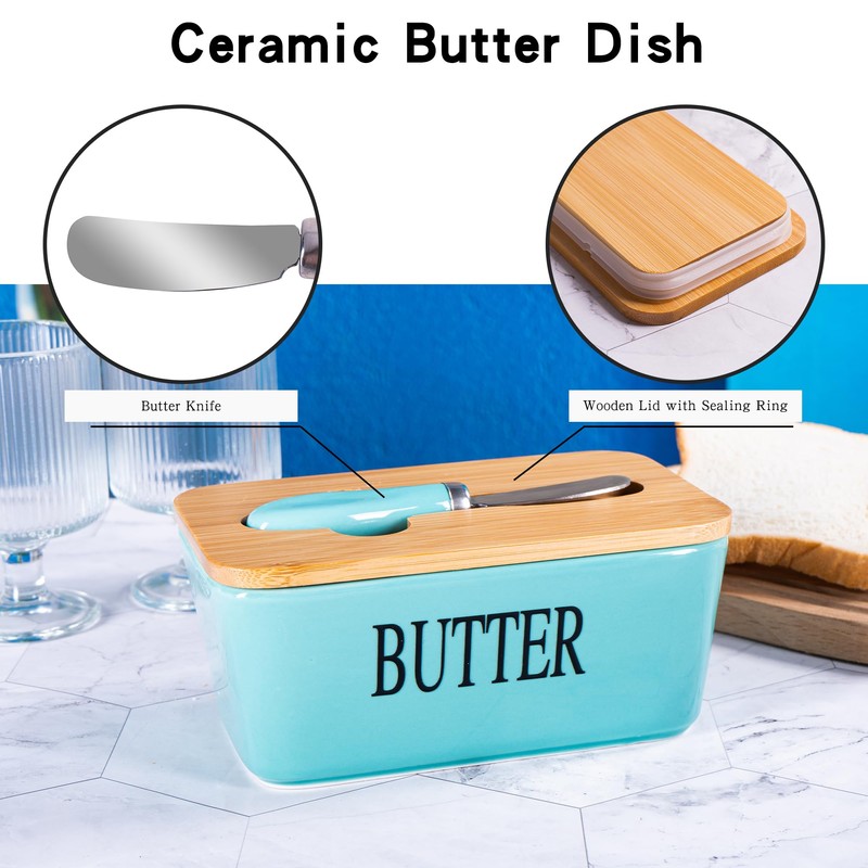 Blue Ceramic Butter Dish with Lid and Knife for Countertop,