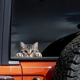 2 pcs Adorable Gray Tabby Cat Peeking Expressive Eyes Funny Car Bumper Sticker,6 Inch Vinyl Decal, Waterproof,Die-Cut for Cars,Windows,Laptops -Gray