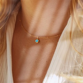 ALRNBY Birthstone Necklace for Women Dainty Gold Station Necklace with Crystal Pendant for Girls Gift Stainless Steel Diamond Choker (December - Blue Zircon)