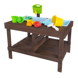 WONKAWOO Sand and Water Table for Toddlers | Outdoor Wooden Sensory Sand Table with 2 Plastic Bins, Built-in Water Tap and Beach Toys Included | Sand & Splash Oasis™ Standing Play Activity Table