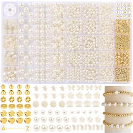 IONPSHG 1860pcs Beads Bracelet Making Kit with 5 Sizes Round White Pearl Beads, Multi-Shape Pearls & Gold Spacer for DIY Jewelry Making, Art Crafts Gifts for Women Girls