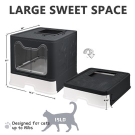 Foldable Cat Litter Box with Lid, Enclosed Potty, Large Top Entry Anti-Splashing Toilet, Easy to Clean Including Litter Scoop and 2-in-1 Cleaning Brush (Black)