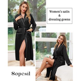 Sopesil Women's Satin Dressing Gown Long Bathrobe Kimono Lightweight Bridal Soft Wedding Party Sleepwear V-Neck S-XXL, black, L