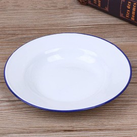 Ipetboom 2pcs Enamel Plates Enamelware Dinner Serving Platter Trays Retro White Round Shallow Bowls Vintage Enamel Basin Mixing Bowls with Blue Rim 16cm for Kitchen