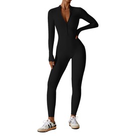 Ecupper Womens One Piece Workout Jumpsuit Zip Up Bodysuit Long Sleeve Yoga Rompers Full Length Sports Gym Shapewear Black XS