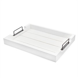 AuldHome Design Rustic Wood Serving Tray (White); Wooden Farmhouse Shiplap Decorative Ottoman Tray w/Black Metal Handles, 16.75 x 12.75 Inches