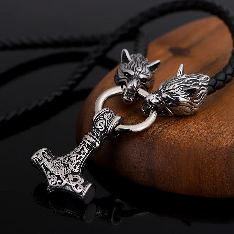 Viking Wolf Necklace with Thor's Hammer Pendant, Norse Mythology Theme,