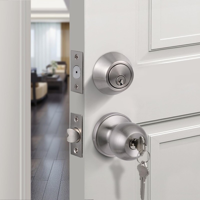 Probrico Door Knob with Single Cylinder Deadbolt, Satin Nickel Door