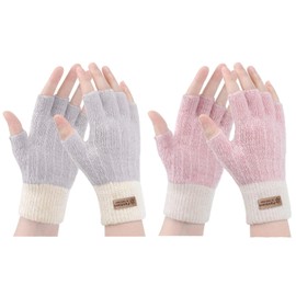Winter Gloves - Fingerless Gloves Women Men Warm Knit Gloves for Cold Weather with Thermal Fleece Lined Ladies Glove (PinkWhite+PurpleBeige)