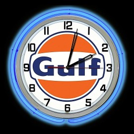 Gulf 19" Gulf Gas Oil Logo Sign Double Neon Clock Blue Neon Man Cave Bar Garage