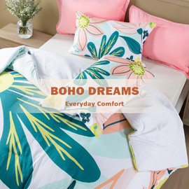 Boho Floral Queen Comforter Set - 3 Piece Summer Tropical Botanical Bedding Comforter Sets for All Season Soft Lightweight Mid Century Bed Set, (1 Reversible Comforter and 2 Pillow Shams