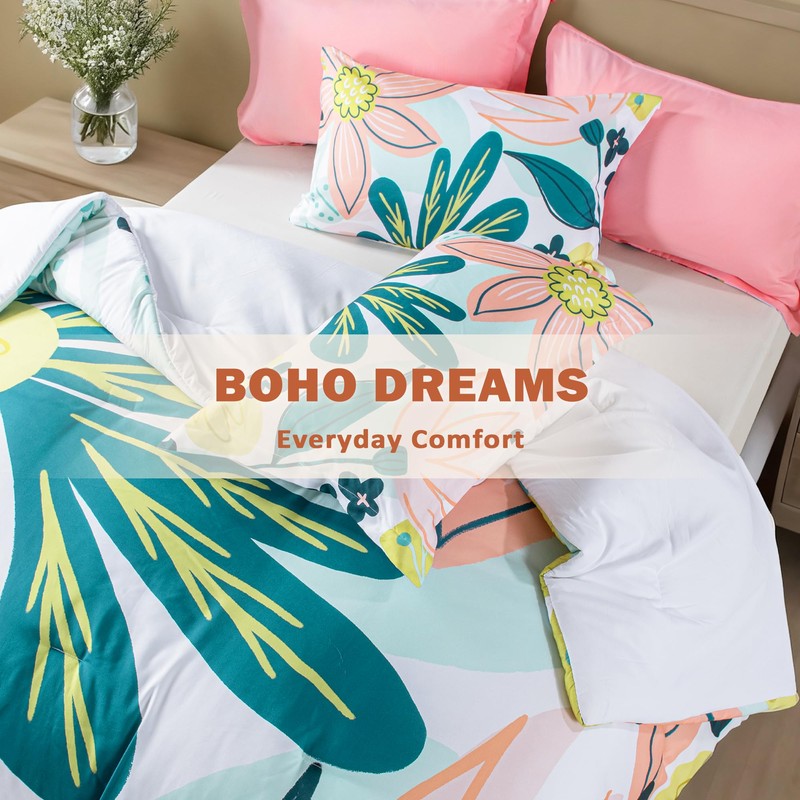 Boho Floral Queen Comforter Set - 3 Piece Summer Tropical