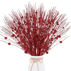 Sggvecsy 24 Pack Artificial Glitter Berry Stem Ornaments 17 Inches Fake Christmas Picks Decorative Glitter Sticks for Christmas Tree DIY Wreath Crafts Gift Fireplace Holiday Home Decor (Red)