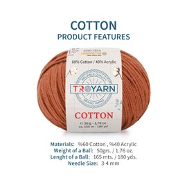 Troyarn Cotton 60% Cotton 40% Acrylic Yarn, Soft, Fine/Sport (2) for Crochet and Knitting 1.76 Oz (50g) / 180 Yds (165m) (10311 - Pink)