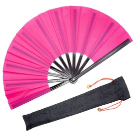 OMyTea Large Rave Clack Fan for Line Dancing - Boots on The Ground Folding Hand Fan - Foldable Chinese Tai Chi Kung Fu Fan - for EDM, Music Festival, Hot Flashes, Party, Decoration (Pink)