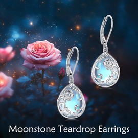 SHEAISRS Flower Moonstone Earrings 925 Sterling Silver Teardrop Dangle Hypoallergenic Leverback Earring for Women