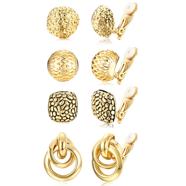 ORAZIO 4Pairs Clip On Earrings for Women Gold Silver Clip On Hoop Earrings Chunky Teardrop Clip Earrings Twist Round Clip On Stud Earrings No Piercing Fake Earrings Set,Gold
