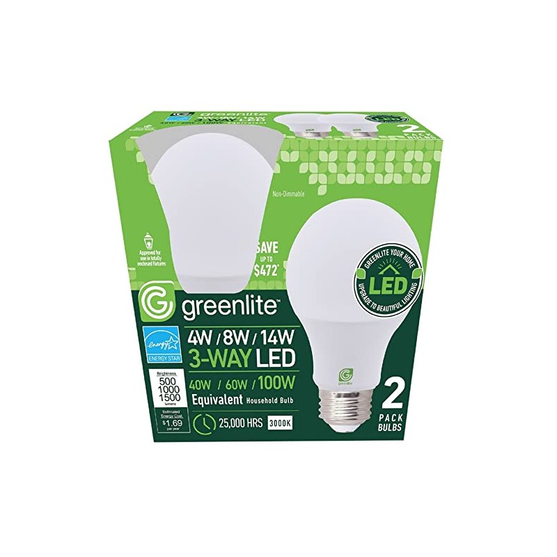 3-Way LED Bulbs 4W/8W/14W 2-Pack