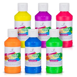 Neon Fluorescent Washable Tempera Paint – UV-Reactive Under Blacklight, 6 Bright Colors, 4 fl oz Bottles, Non-Toxic Kid-Safe Craft & Classroom Paint, Made in USA