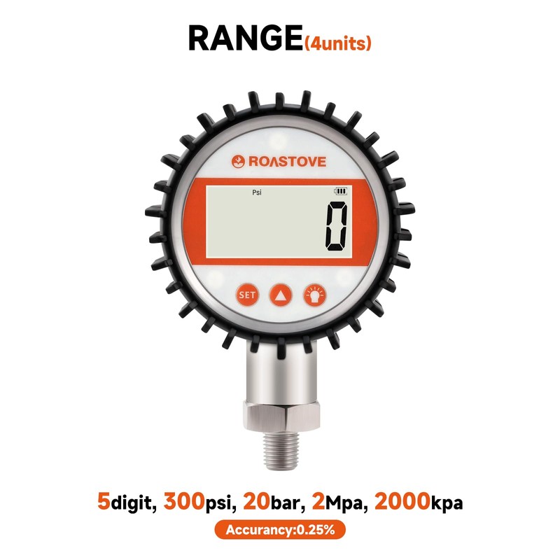 Roastove 3-1/8" Dial Size, Digital Pressure Gauge, 0-300psi/bar/Mpa/Kpa, 1/4" NPT