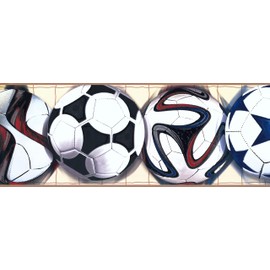 CONCORD WALLCOVERINGS ™ Wallpaper Border Sports Pattern Soccer Balls for Boy's Bedroom Playroom, Beige Black Blue Red, 15 ft by 9 in GK8842BD