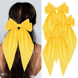 Loqpol 3 PCS Silky Satin Hair Bows, Oversized Long Tail Bows with Barrette Clips, Coquette Hair Accessories for Women and Girls (Bright Yellow 3Pk)