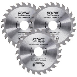 Rennie Tools - Pack Of 3 x 115mm Circular Saw Blade TCT Wood Cutter Blade. 24 Teeth (24T) Carbide Tipped Saws for Woodworking Wood Cutting 7/8 inch (22.23mm) Bore + 20mm and 16mm Reduction Rings.