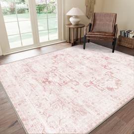 GENIMO 9x12 Area Rugs for Living Room, Machine Washable Non Slip Vintage Retro Rugs, Low Pile Lightweight Thin Print Rug for Bedroom, Dining Room, Home Office, Boho Pink