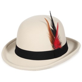 EOZY Bowler Hats for Men Womens Derby Cloche Church Fedora Hat Removable Feather Party Costume Hat Beige