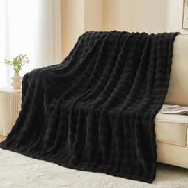 Wajade Fleece Throw Blanket Black Bubble Faux Fur Fluffy Bed Blanket Super Cosy Warm Large Blanket for Bed Sofa Car, 153x203CM