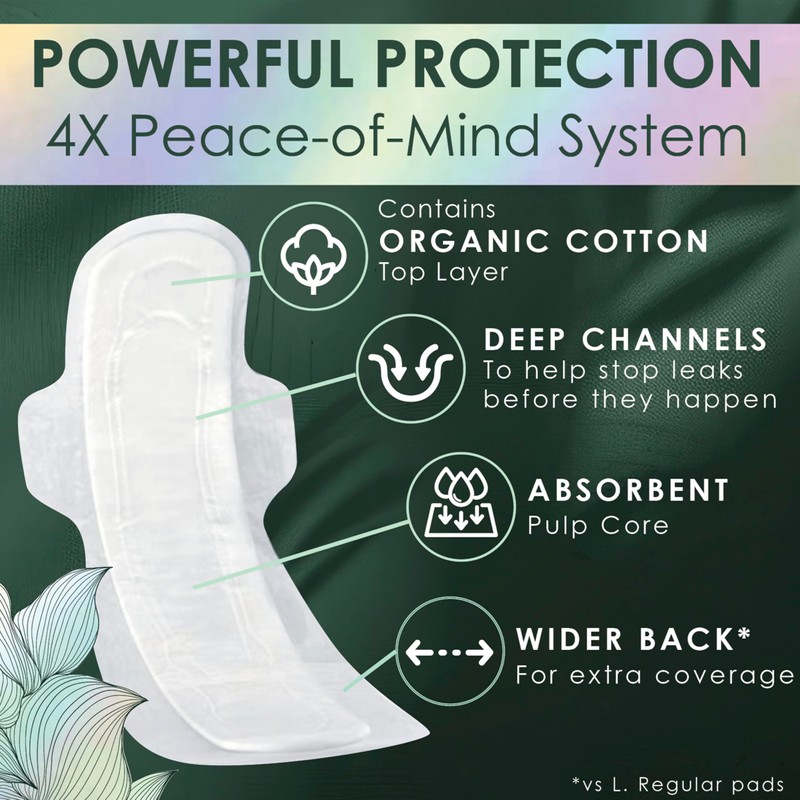L. Extra Long Maxi Pads for Women, Overnight Absorbency, Organic