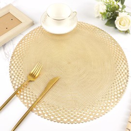 Evevda Gold Round Vinyl Placemats for Dinner Table Set of 6 Pressed Metallic Plastic Place Mats Wipeable Table Mats for Daily Use Kitchen Table Decorate Anniversay(Dia:15inch/38cm)