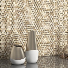 BeNice Peel and Stick Backsplash Kitchen Tiles,Stick on Backsplash Peel and Stick Mosaic Tiles Penny Hexagon Backsplash Small Tiles Metal Backsplash(10PCS,Gold Champagne)