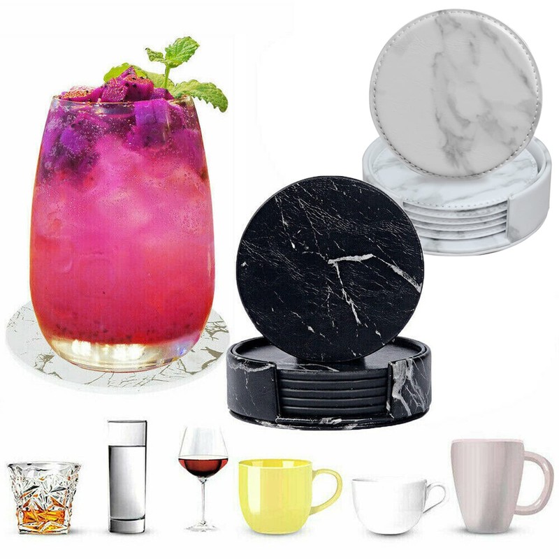 Coasters for Drinks 6 Piece with Holder Marble Texture Round
