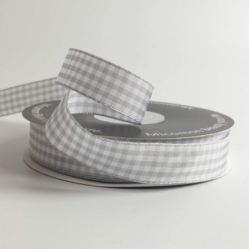 Micomon Gingham Ribbon - Gray and White, 25 Yards Each