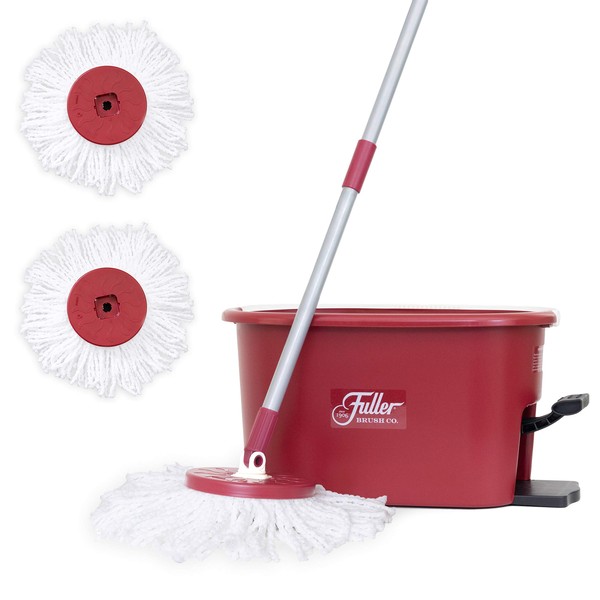 Fuller Brush Spin Mop Exclusive Bucket System - Easy Wring, 360° Spin - Streak Free Floor Cleaning - Ruby Red (2 Extra Refill Mop Heads)