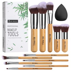 BS-MALL Makeup Brush Set 11Pcs Bamboo Synthetic Kabuki Brush Set Foundation Powder Blending Concealer Eye shadows Blush Cosmetics Brushes with Organizer Bag & Makeup Sponge (Bamboo 11)