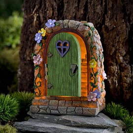 Fairy Door Garden, Solar Lights Fairy Door Garden Decoration, Miniature Fairy Garden Front Door, Glow in The Dark Miniature for Tree Trunk, Retro and Mystical Elf Door Tree, Outdoor Statues Trees
