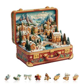 Jigfoxy Wooden Puzzles for Adults, 260-Piece Christmas Suitcase Scenery Jigsaw Puzzle, Unique Animal-Shaped Jigsaw Puzzle for Adults and Teens, Creative Gift with Premium Wooden Box,13.4 * 13in