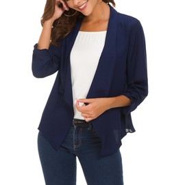 Women's Ruched Sleeve Lightweight Thin Chiffon Blazer (XL, Navy Blue)