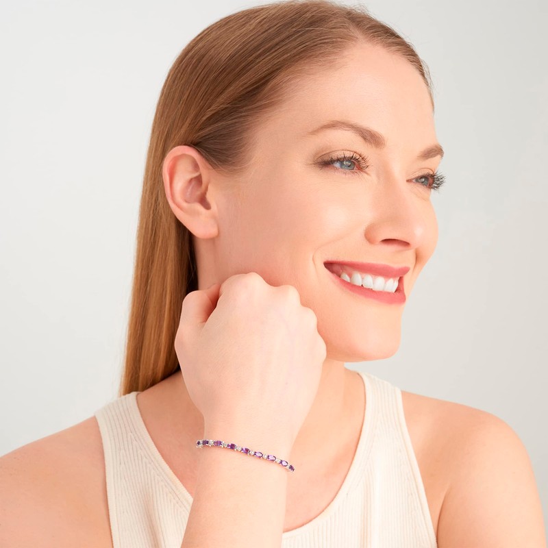 Sterling Silver Oval Amethyst and Diamond Accent Tennis Bracelet