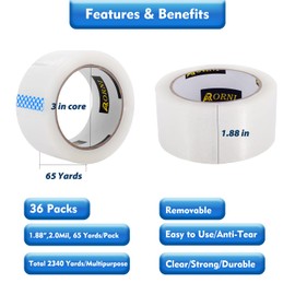 APORNI Packing Tape Heavy Duty Refill 36 Rolls Sealing Great for Packing Box Shipping and Moving Supplies Packaging 1.88" x 65 Yards 3" Core 2.0 Mil Thick Adhesive