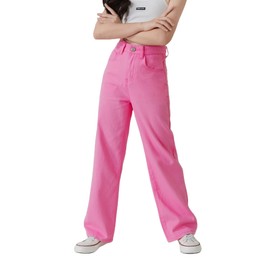 WDIRARA Girl's High Waist Marble Print Button Straight Leg Jeans Denim Pants Pink Plain 140