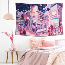 NAVNAWM Japanese Anime Cityscape Tapestry, Wall Hanging Art, Blue Pink, 39 x 59 Inches, Bedroom Decor
