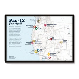 Framed College Football Stadium Map - Features Pac 12 Teams & Stadiums - Use as a Wall Map or Push Pin Map - Includes 35 Red Map Push Pins